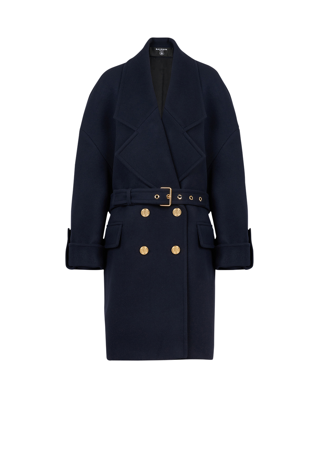Wool and cashmere pea coat with double-breasted gold-tone buttoned fastening, navy, hi-res