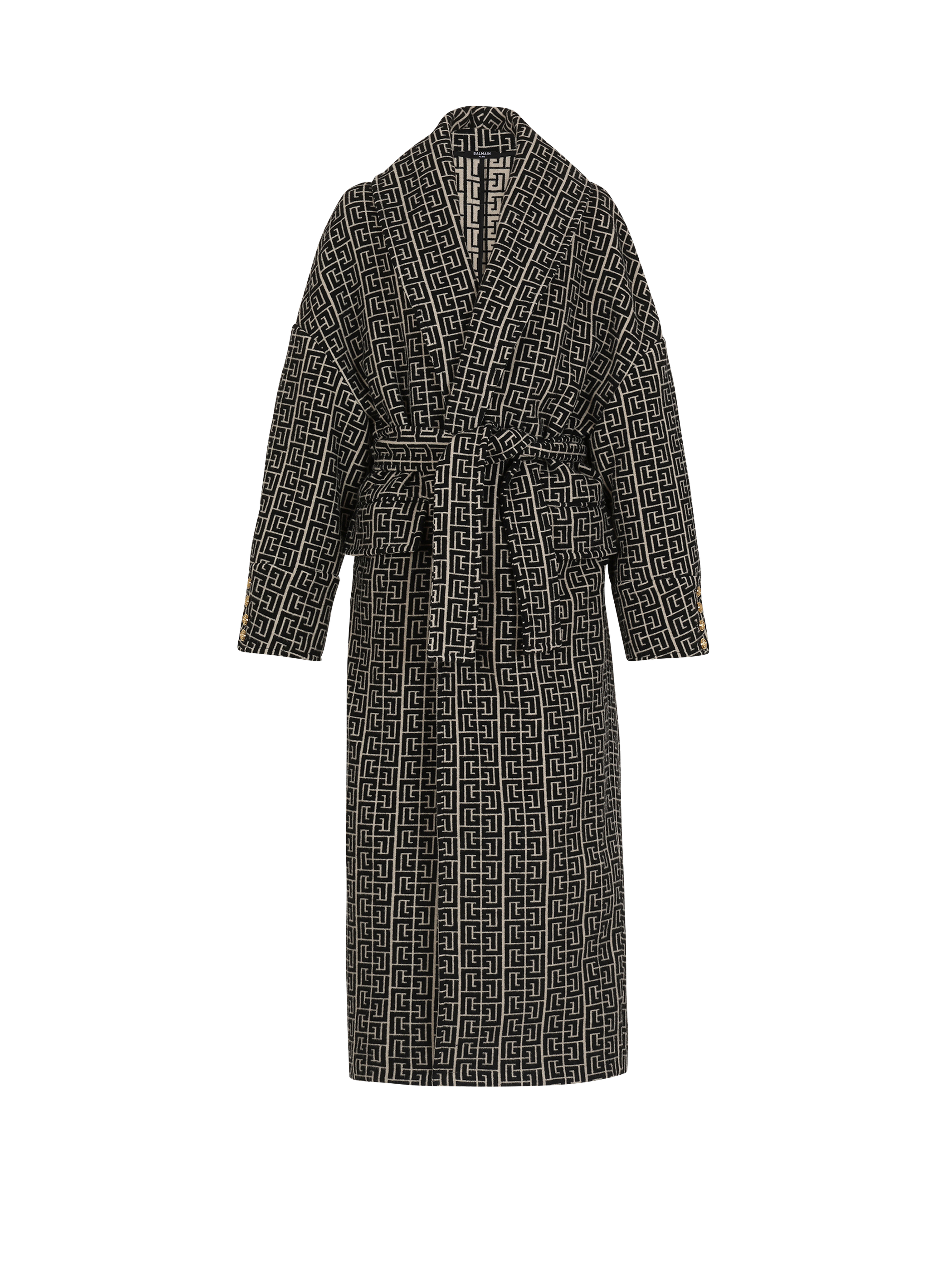 Manteau en laine à imprimé monogramme Balmain, noir