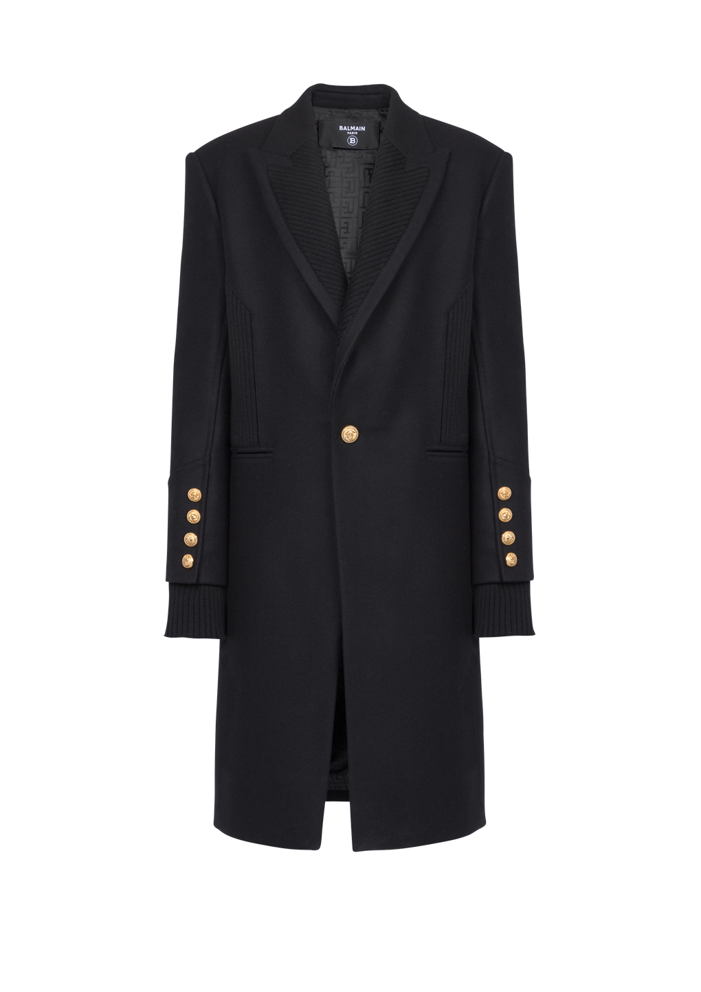 Long wool coat with monogram-patterned collar and lining, black, hi-res