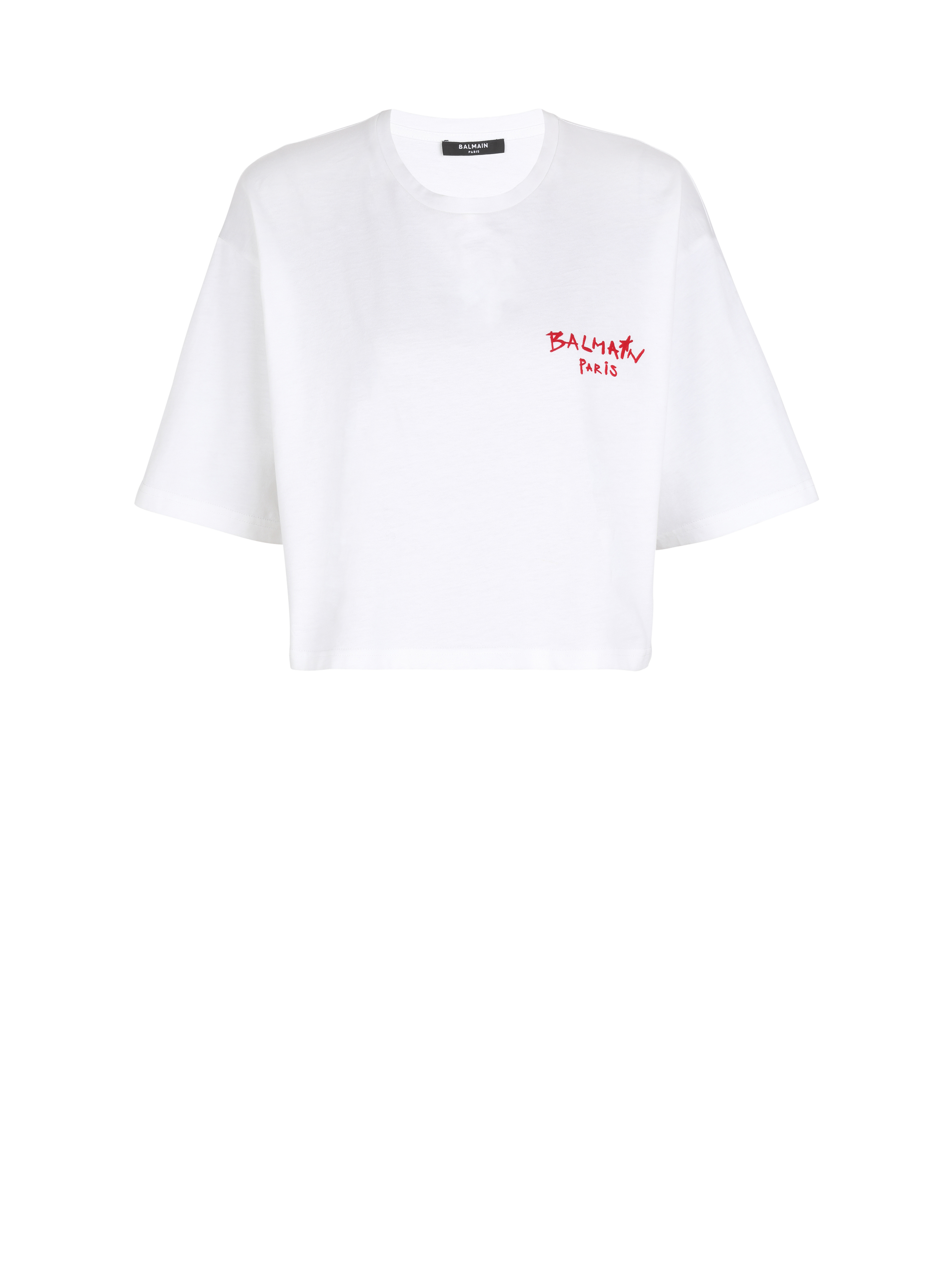 T-shirt court en coton floqué petit logo graffiti Balmain, blanc