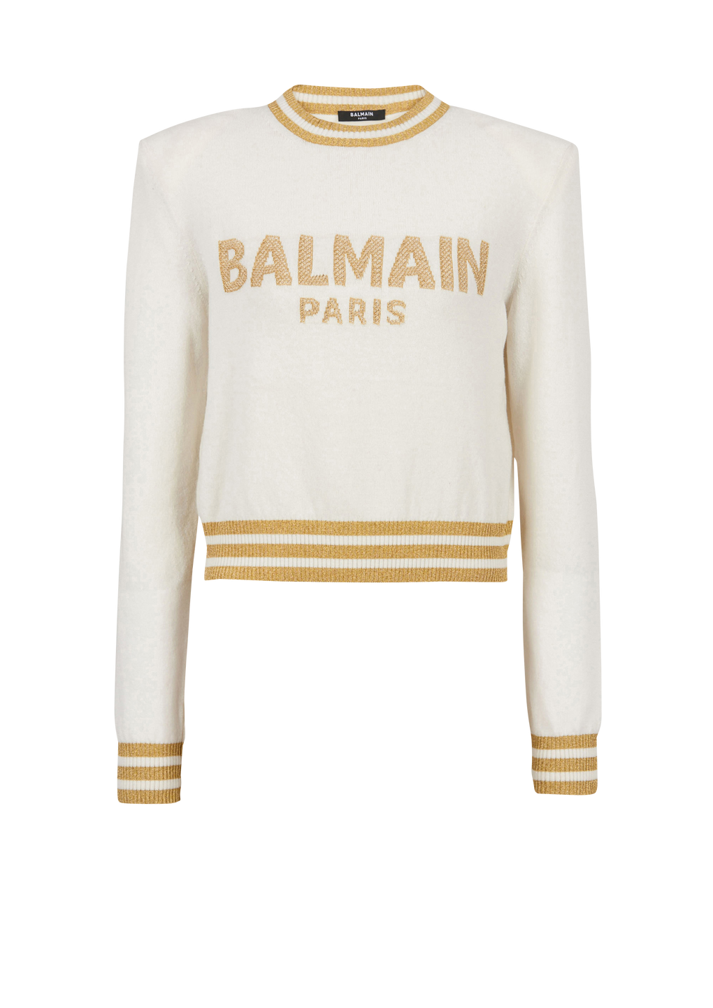 Sweat court en laine avec logo Balmain, beige, hi-res