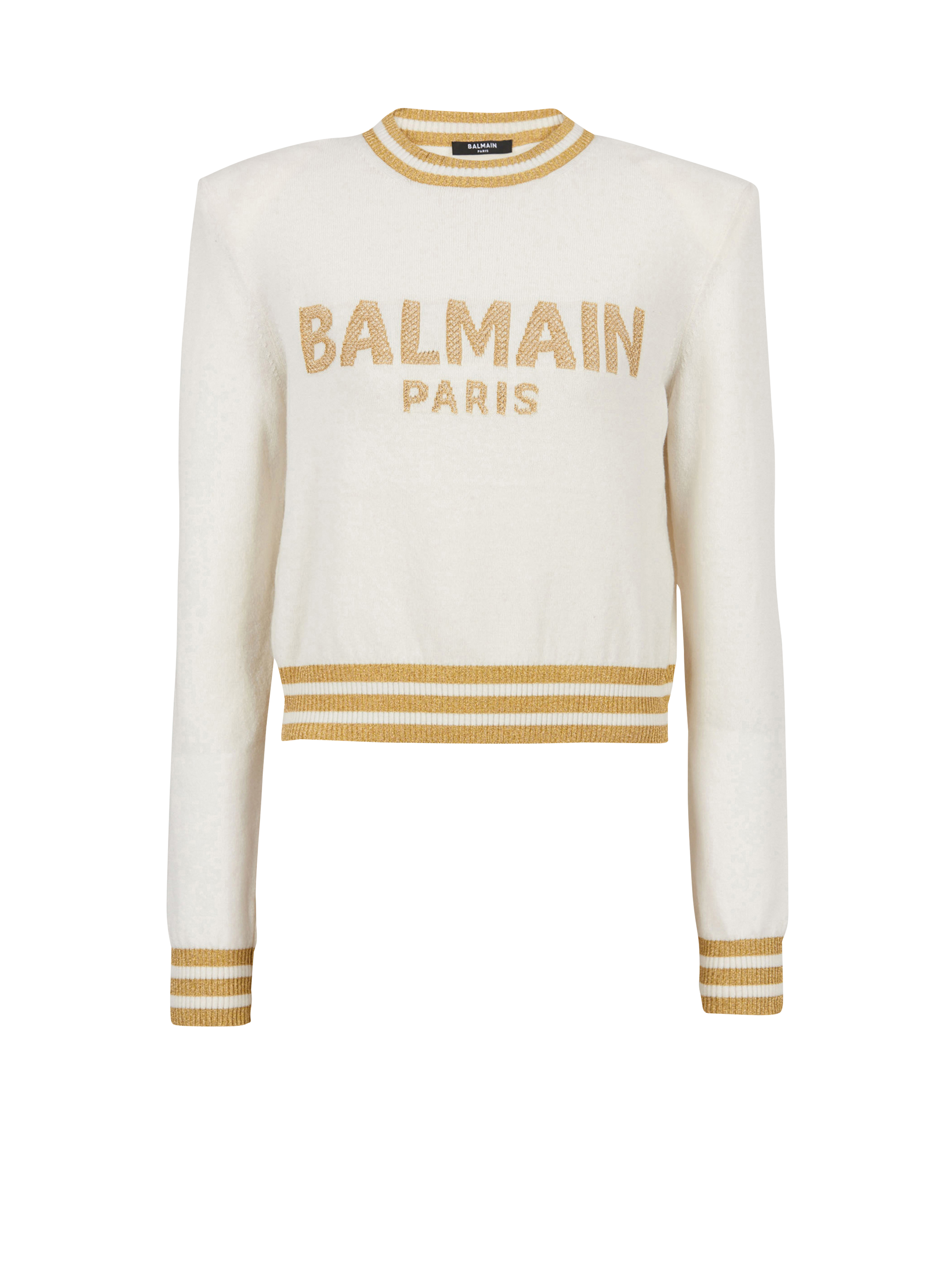 Cropped wool sweatshirt with gold Balmain logo, beige