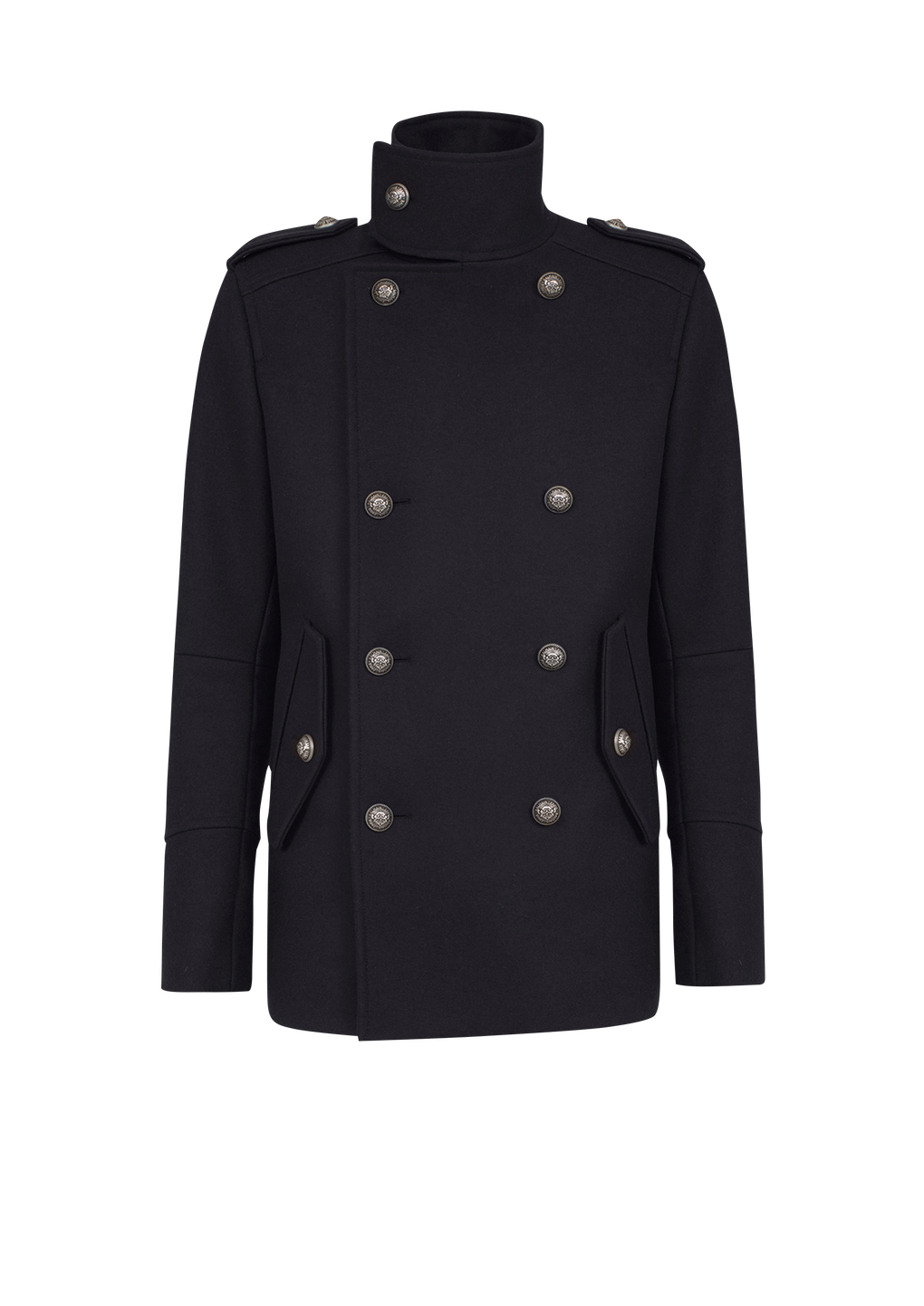 Wool military pea coat with double-breasted silver-tone buttoned fastening, black, hi-res