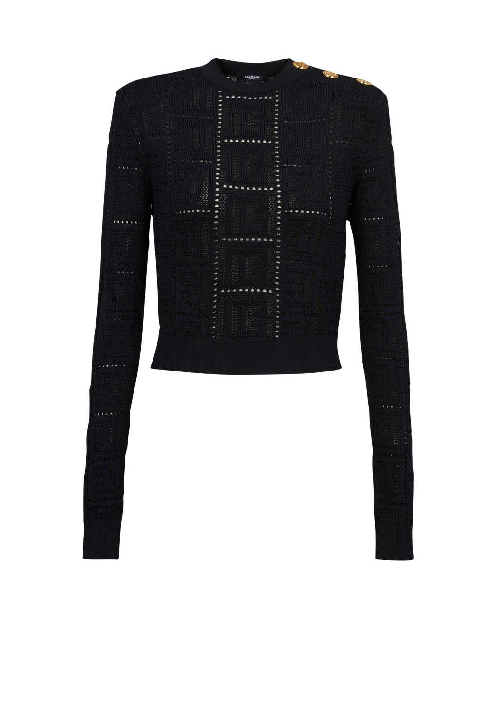 Cropped eco-designed sweater with Balmain monogram, black, hi-res