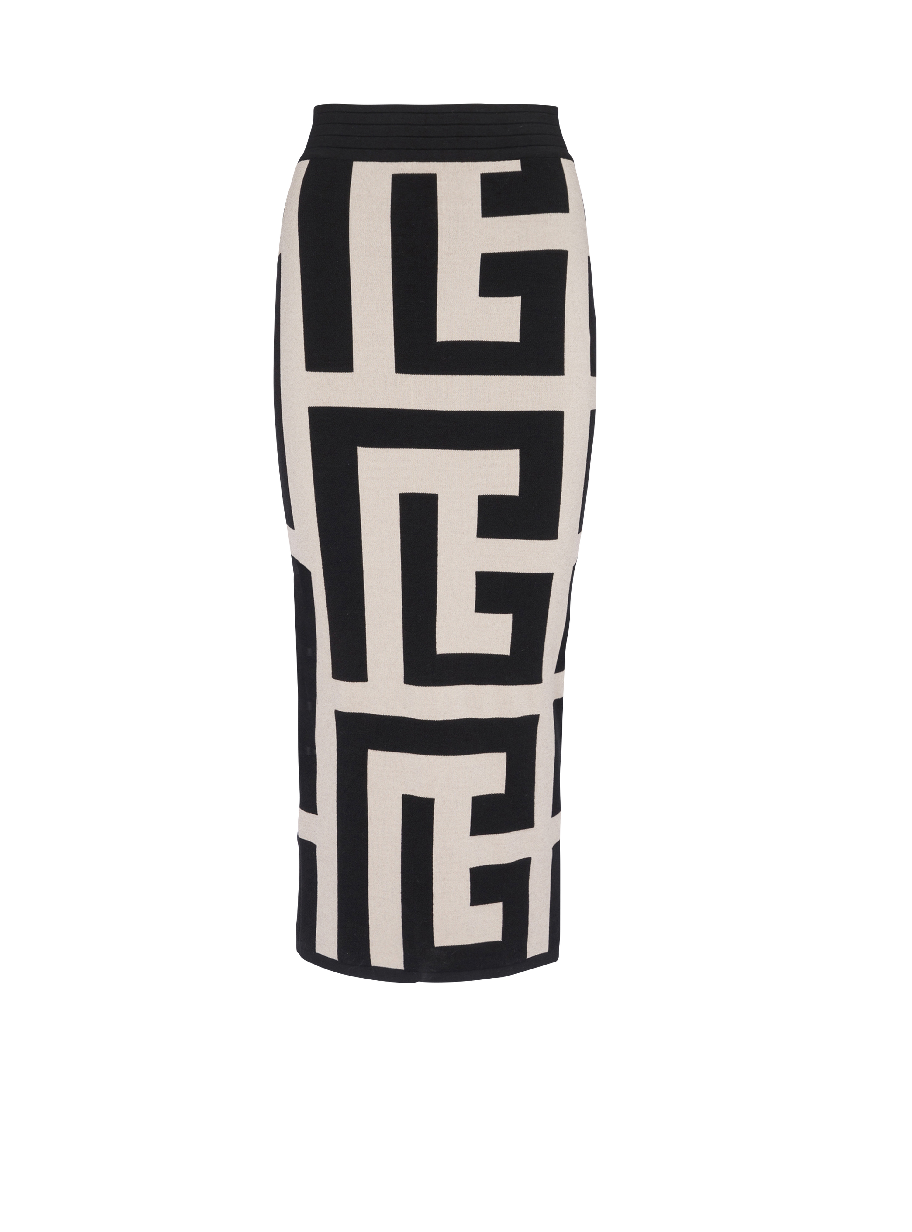 Mid-length knit skirt with maxi Balmain monogram print, black