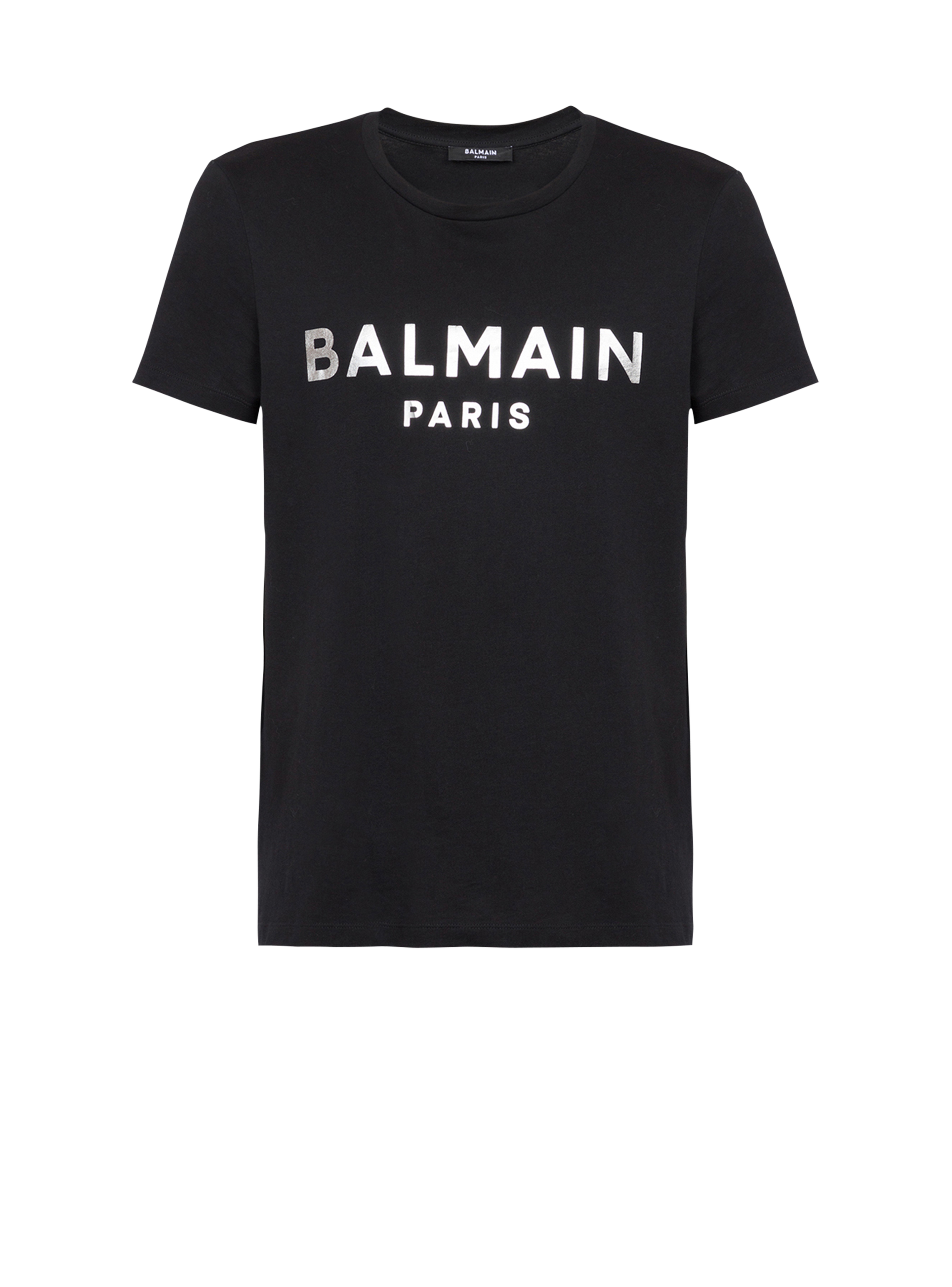 Eco-designed cotton T-shirt with Balmain Paris logo print, silver