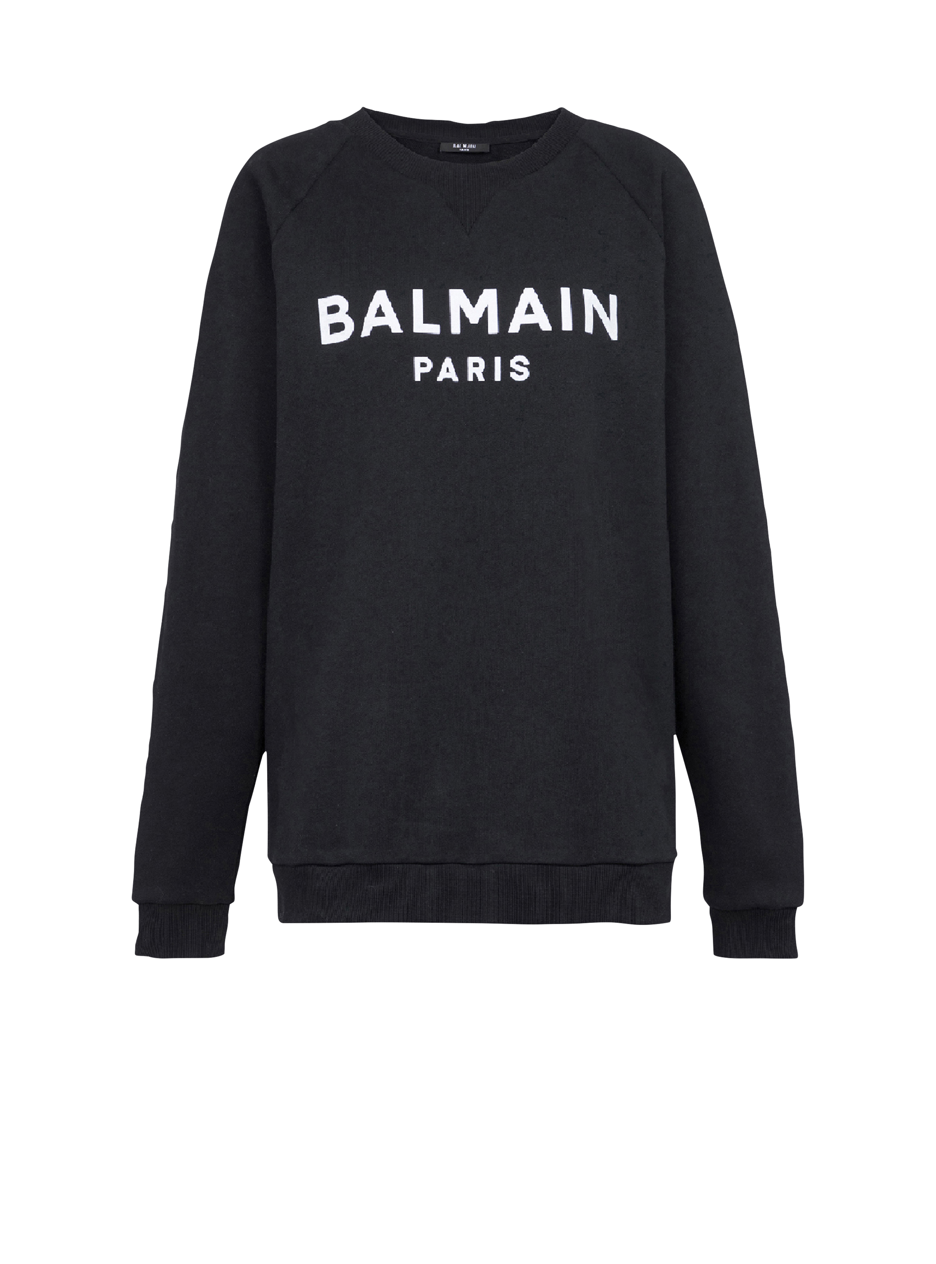 Cotton eco-designed sweatshirt with flocked Balmain logo, black