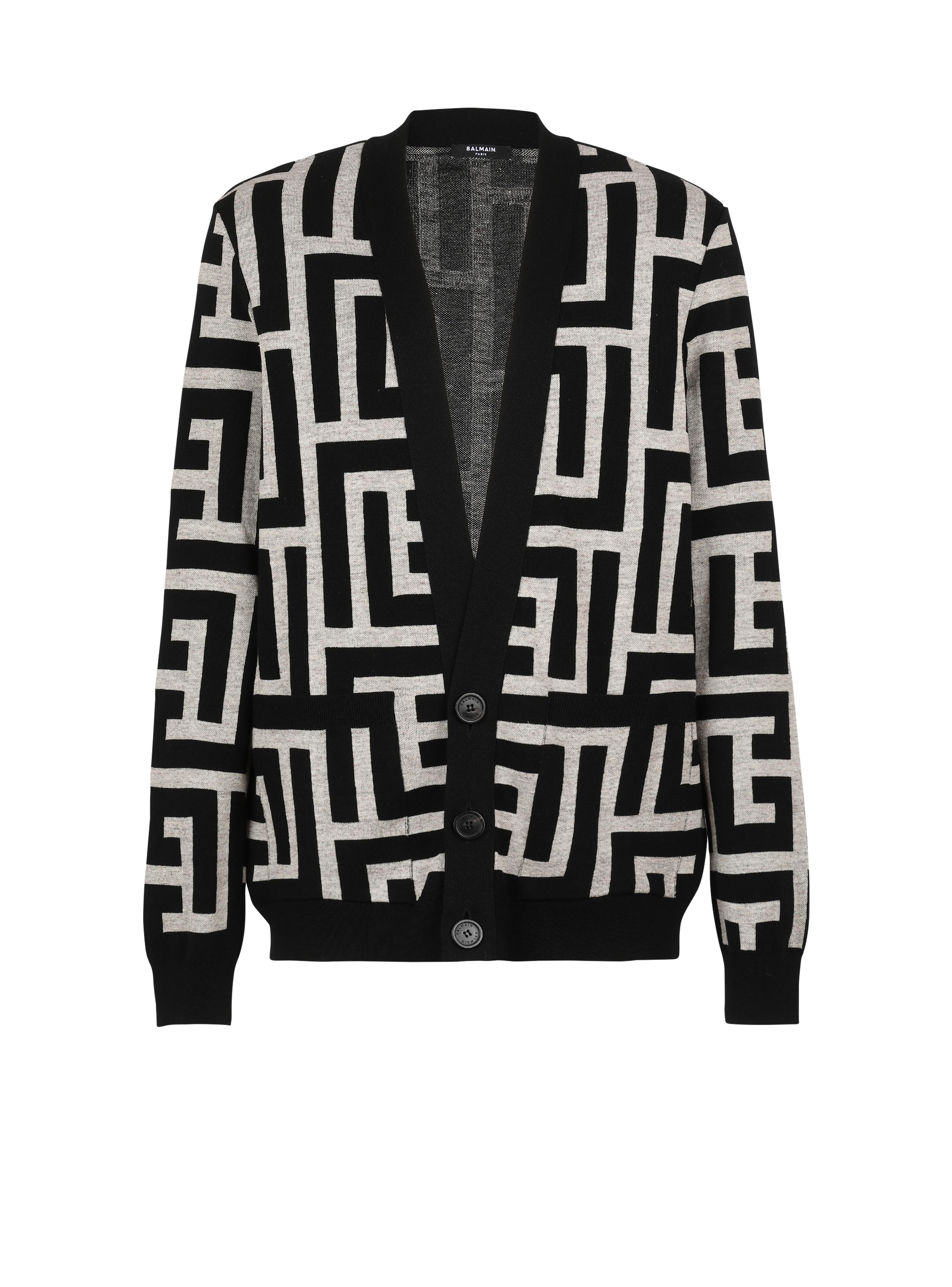 Oversized wool cardigan with maxi Balmain monogram, black