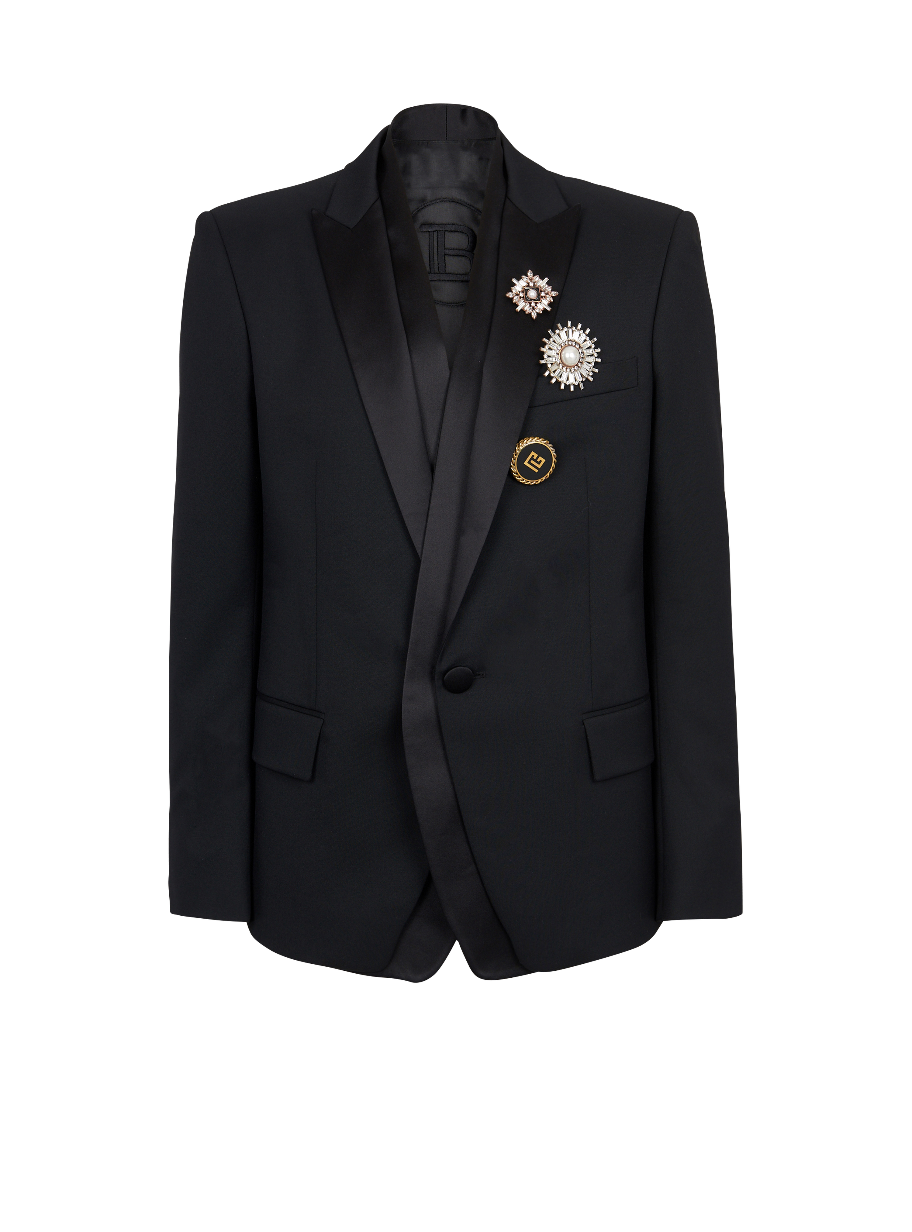 Wool blazer with embroidered badges and satin collar, black