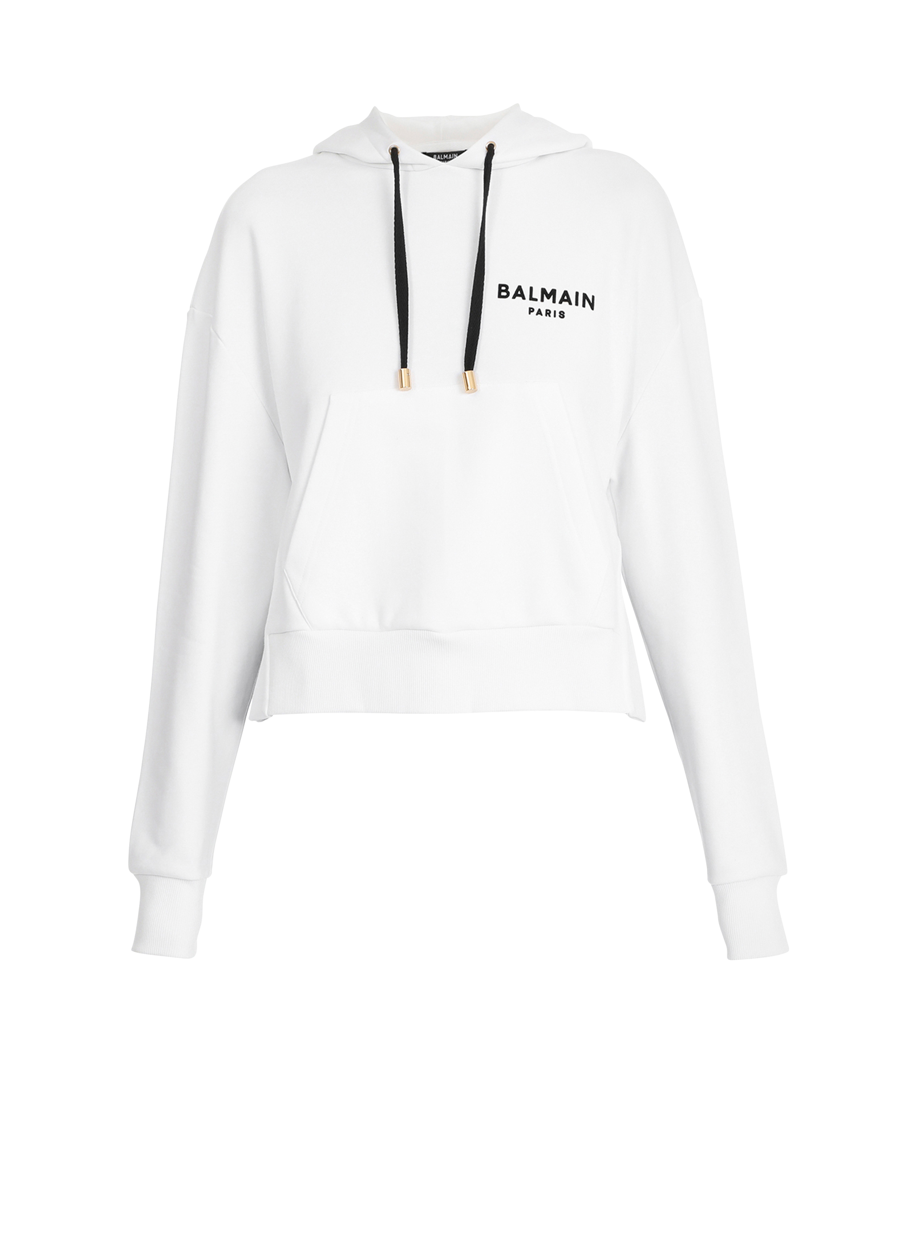 Sweat court éco-design en coton avec logo floqué Balmain, blanc