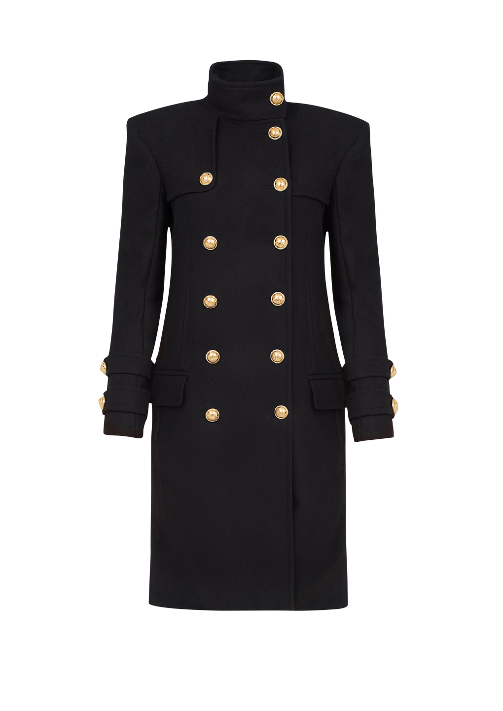 Long wool and cashmere coat with double-breasted gold-tone buttoned fastening, black, hi-res