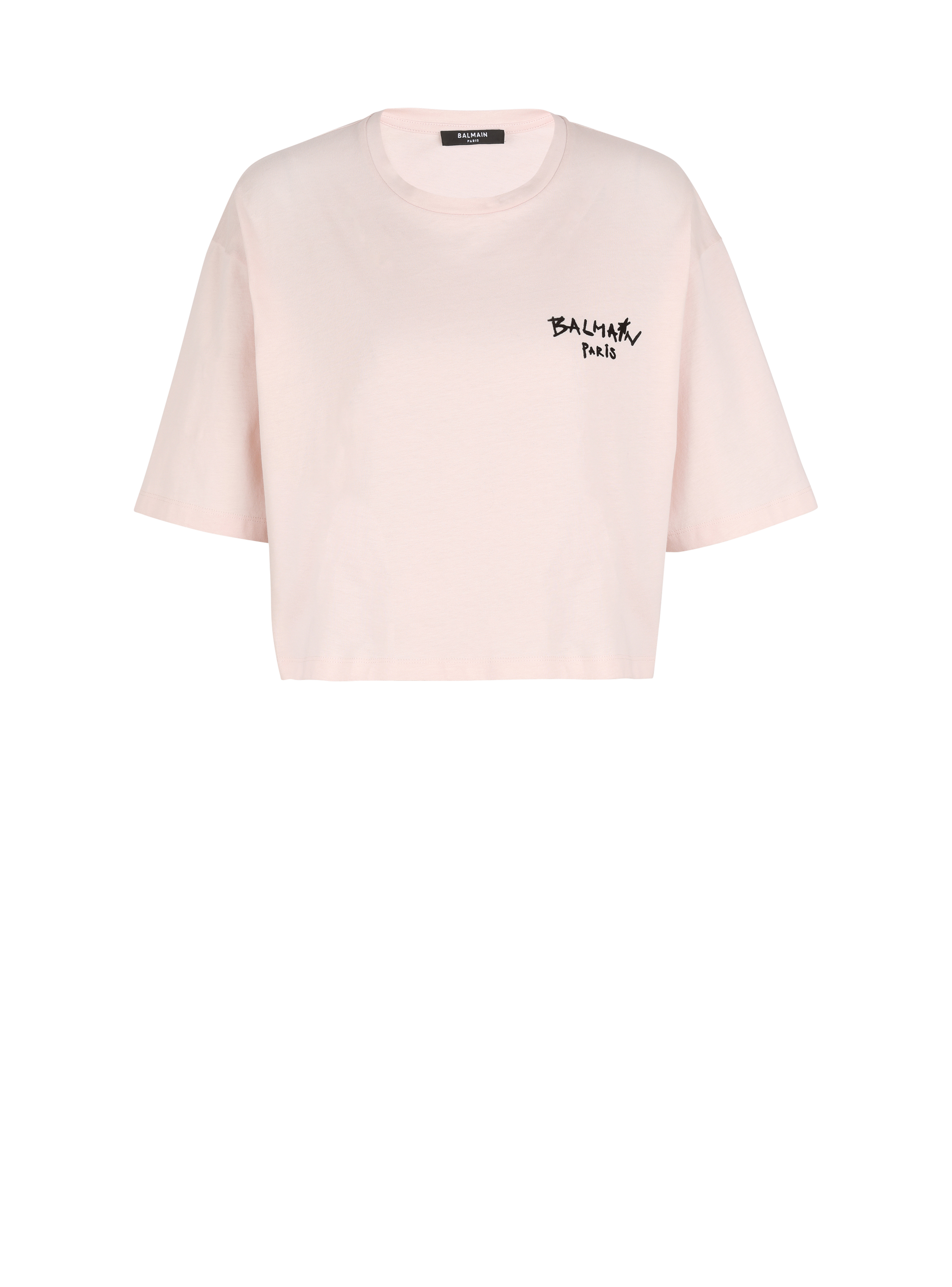 T-shirt court en coton floqué petit logo graffiti Balmain, rose