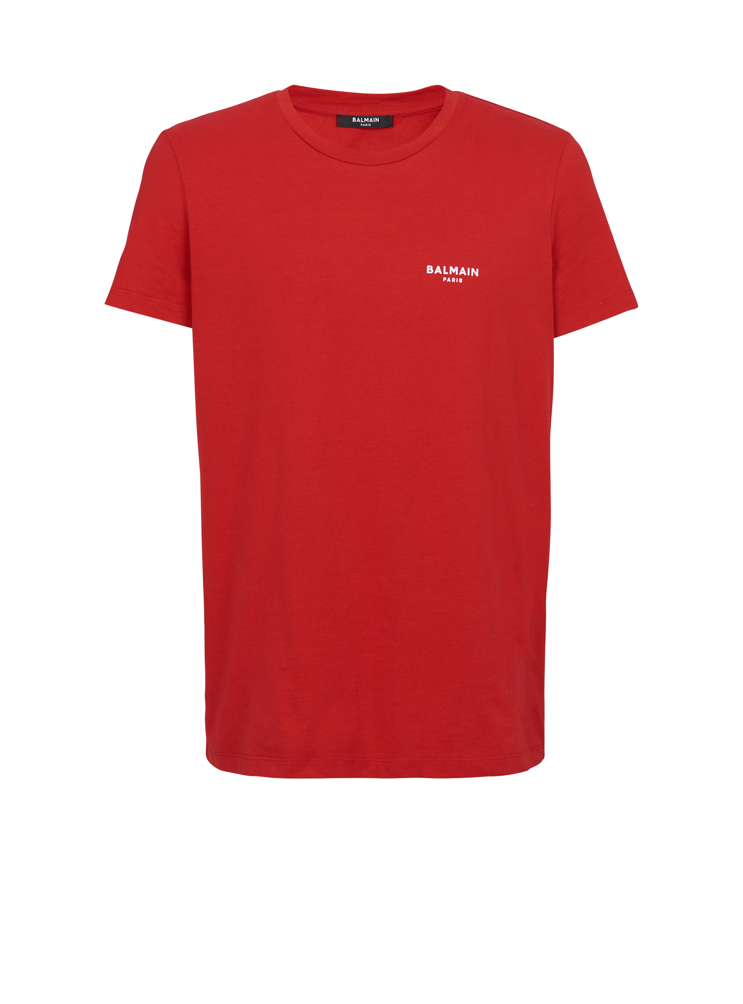 T-shirt en coton floqué petit logo Balmain Paris, rouge