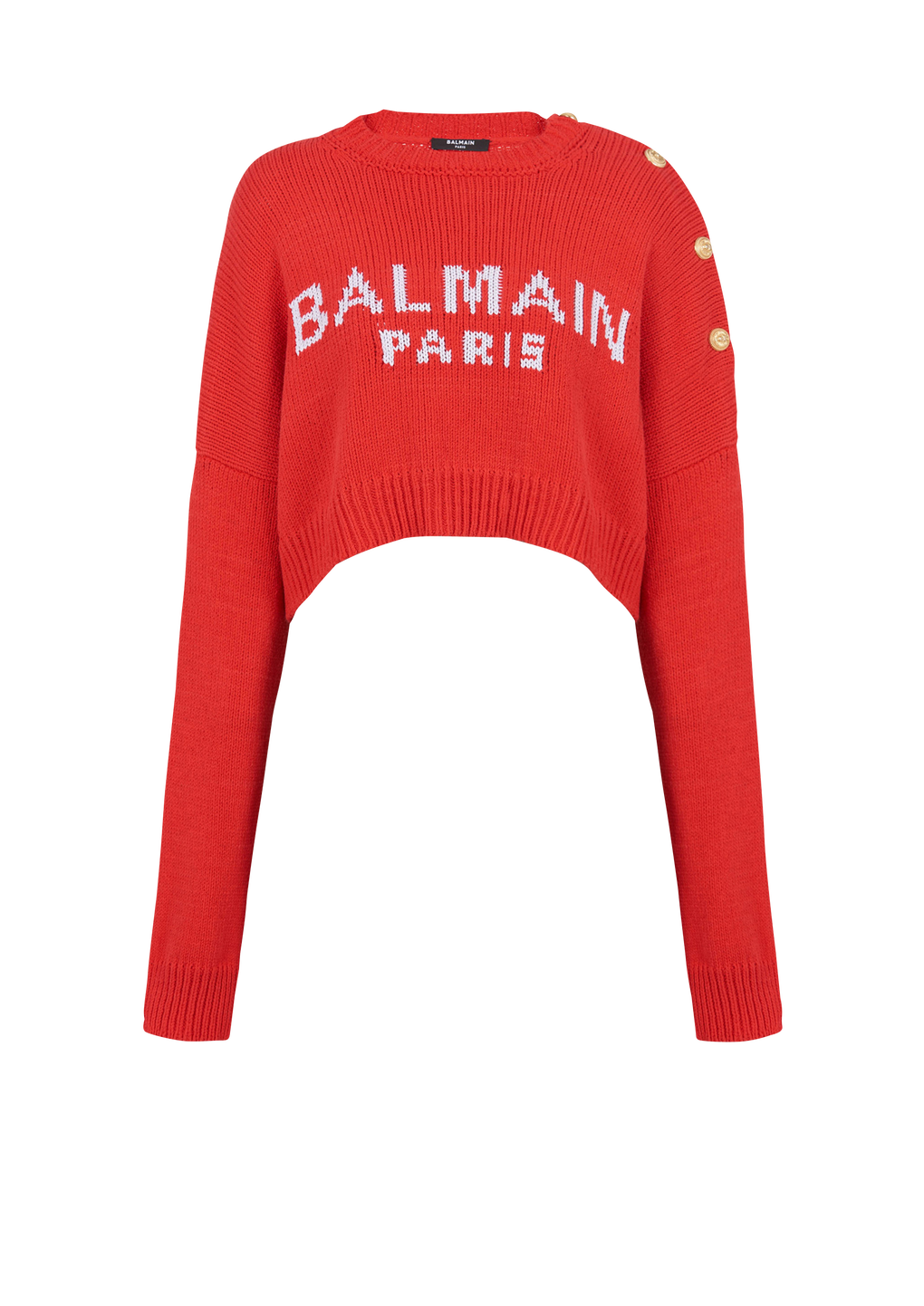 HIGH SUMMER CAPSULE - Cropped knit sweater with Balmain logo print, red, hi-res