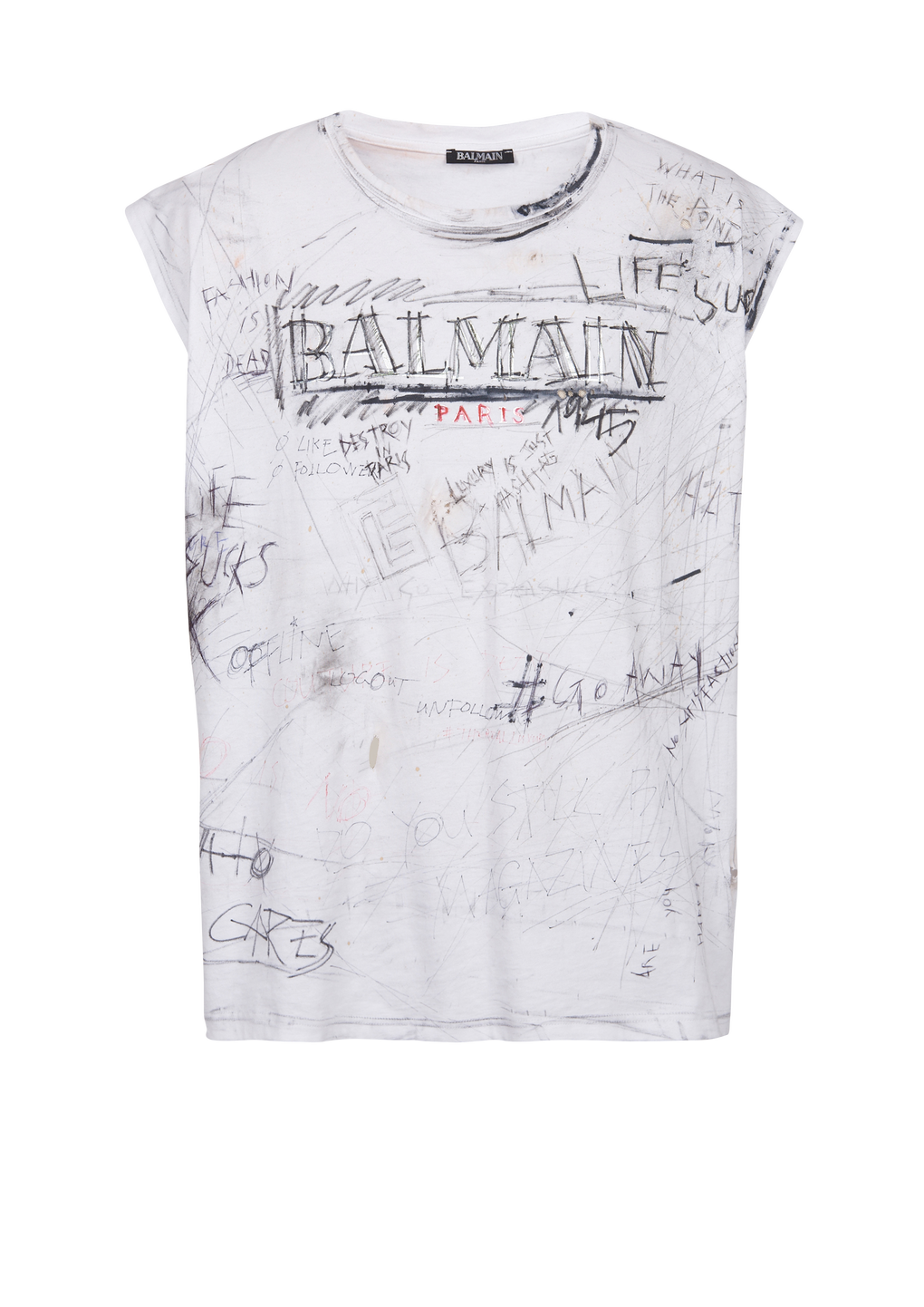 Unisexe - T-shirt vintage à graffitis imprimé logo Balmain, blanc, hi-res
