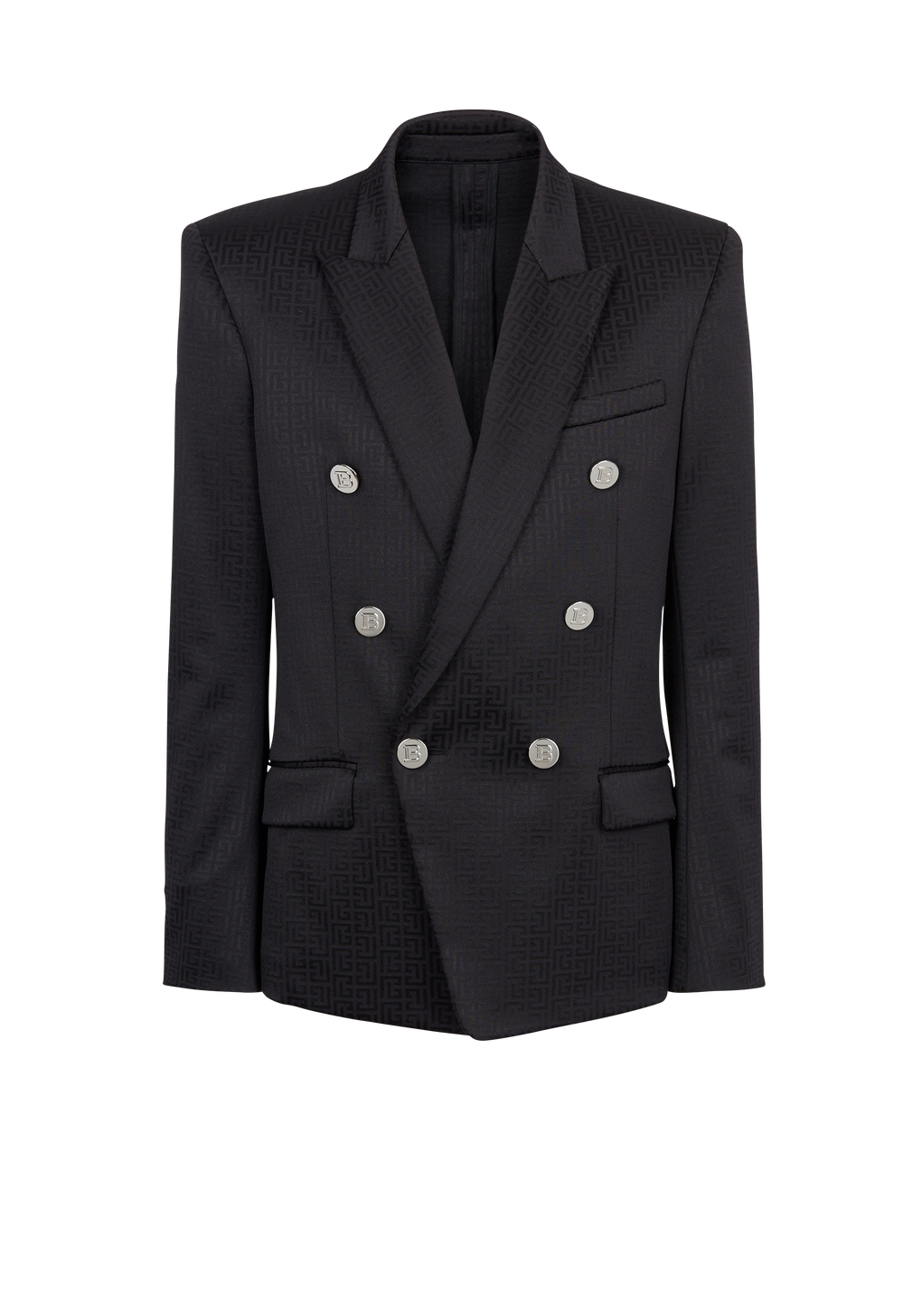 Jersey double-breasted blazer with Balmain monogram print, black, hi-res