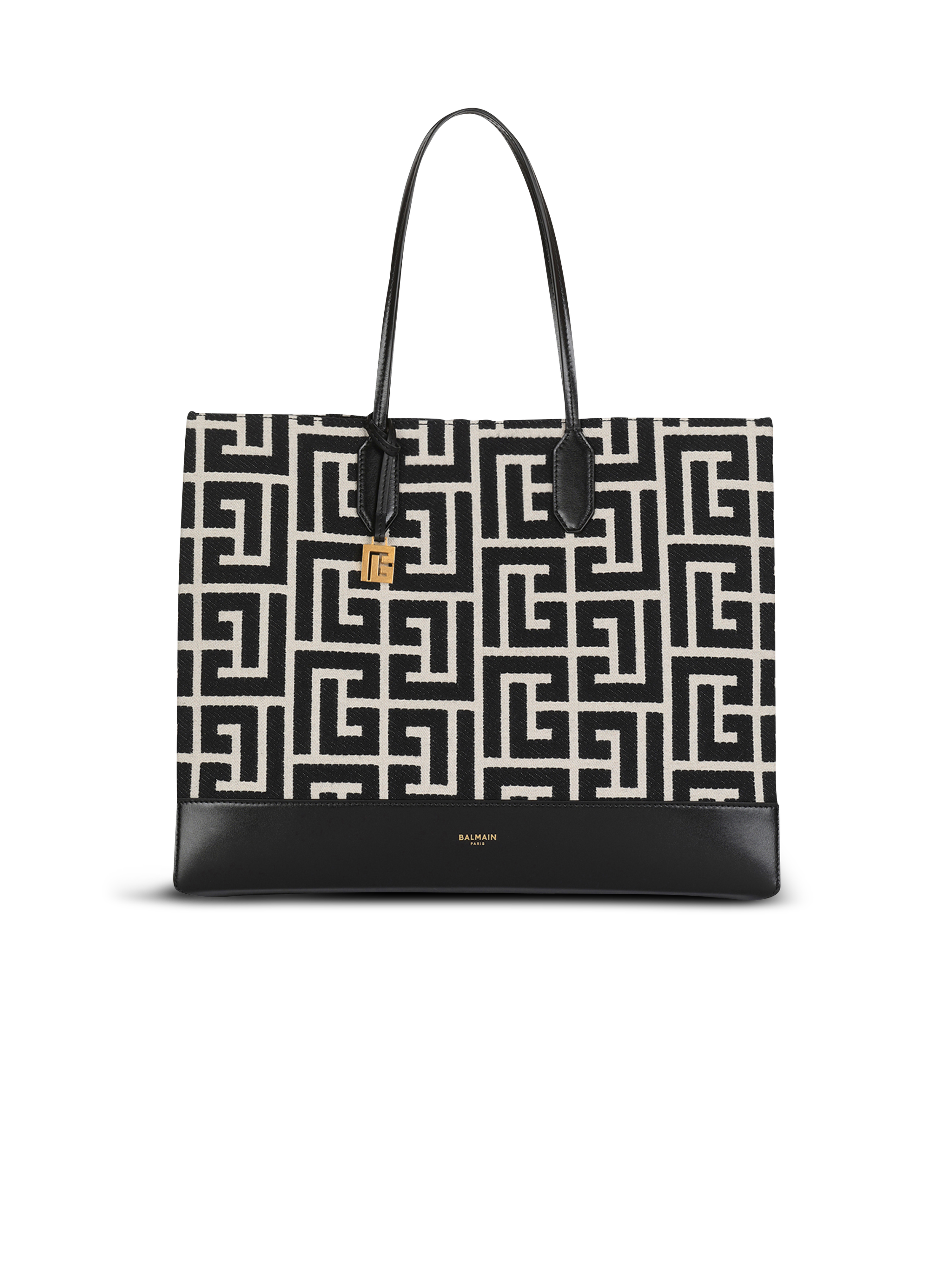 Large-sized bicolor ivory and black jacquard Folded Shopping Bag, black