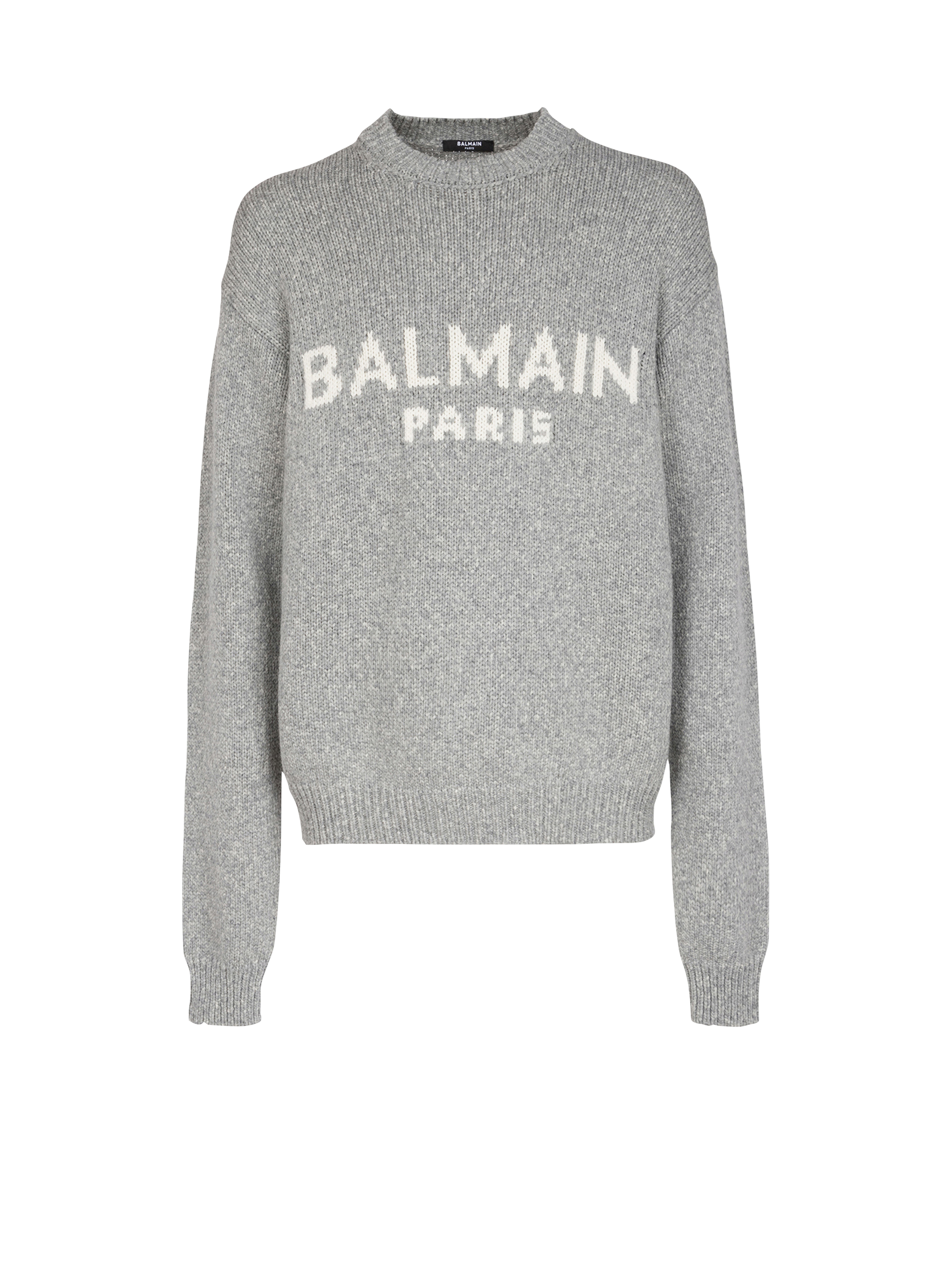 Pull en laine à logo Balmain Paris, gris